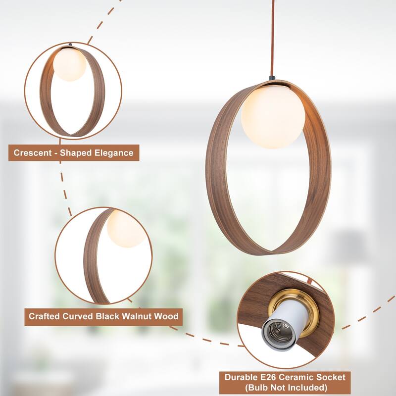 12-in Modern Wood Pendant Light Opal Glass Globe Kitchen Hanging Lamp - Dia.12-in