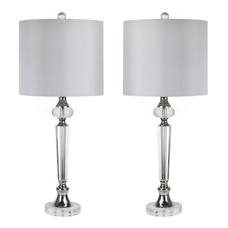 Torch 28.5" Clear Crystal Table Lamp W/ Silk-Like Drum Shade - Polished Chrome/Grey Shade