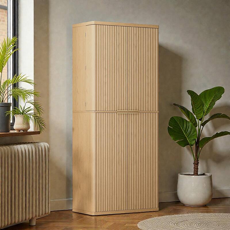 72" Tall Modern Fluted Wood Kitchen Pantry Cabinet with Doors, 6 Shelves & Door Storage for Kitchen or Dining Room - Oak