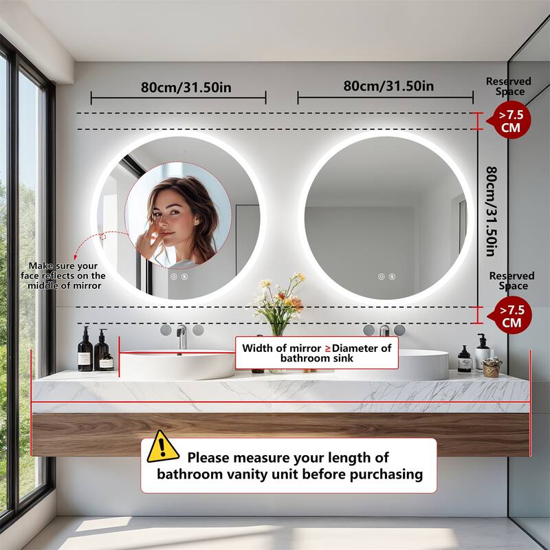 Backlit Round LED Lighted Bathroom Mirror Smart Touch Anti-Fog Wall Makeup Mirror with Aluminum Frame