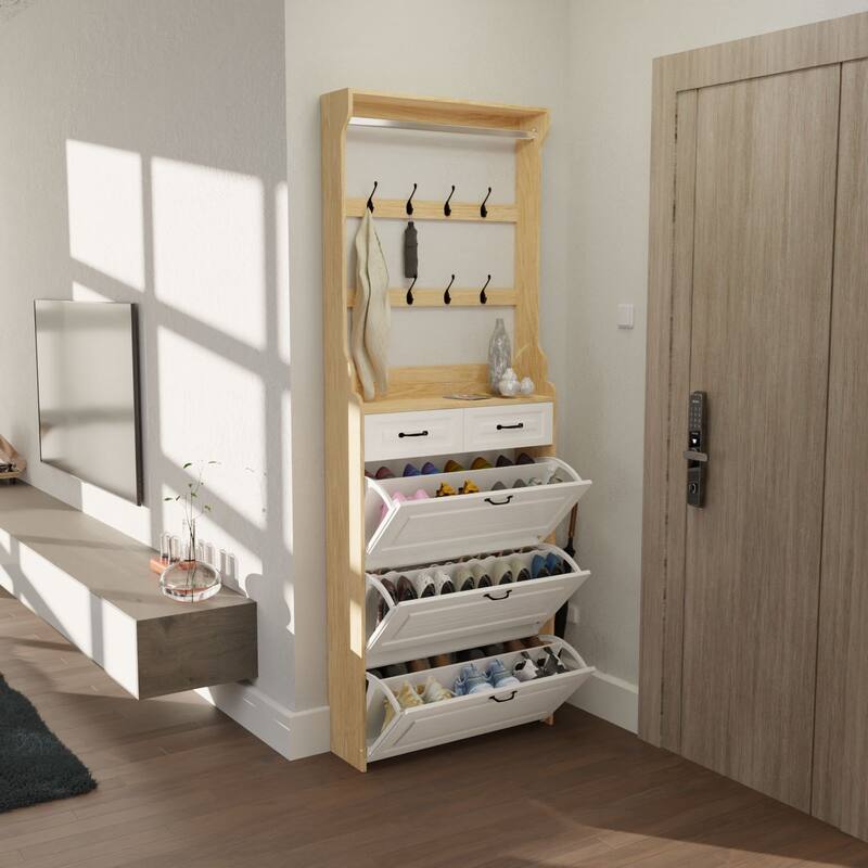 Wood Shoe Storage Cabinet 24-Pair Foldable Compartments Shoe Cabinet with 2-Drawer,3 Flip Drawers & Hanger