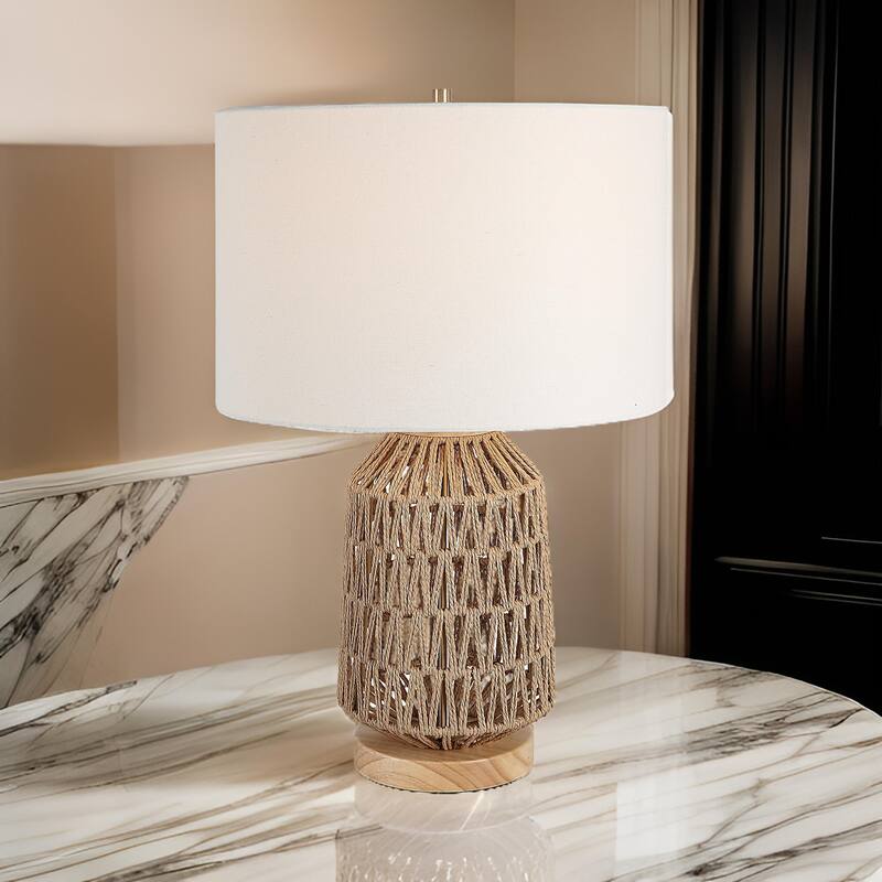 24 Inch Table Lamp, Brown Woven Rope, Linen Shade, Wood Base, Off White
