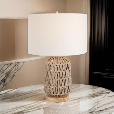 24 Inch Table Lamp, Brown Woven Rope, Linen Shade, Wood Base, Off White