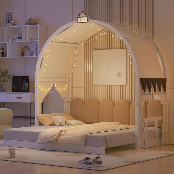 slide 2 of 21, Twin Size Extended Bed With Arched Roof and Trundle White