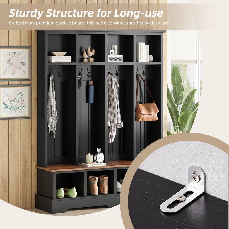Farmhouse 59"W Wide Hall Tree with 8 Hooks, Practical Entryway Bench with Open Compartments