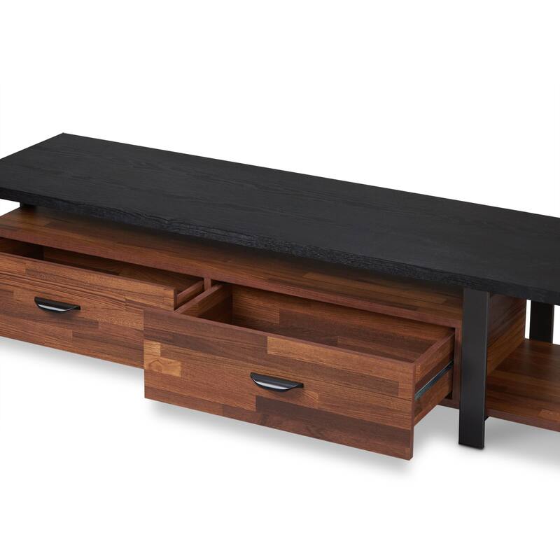 Versatile Walnut & Black TV Stand with 2 Drawers and Open Storage, Fits 55 TV