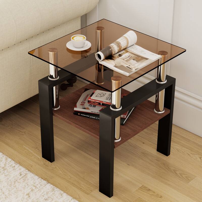 Set of 2, Modern Tempered Glass Tea Table, Tempered Glass Tabletop with MDF Layer, Coffee Table, Square Table
