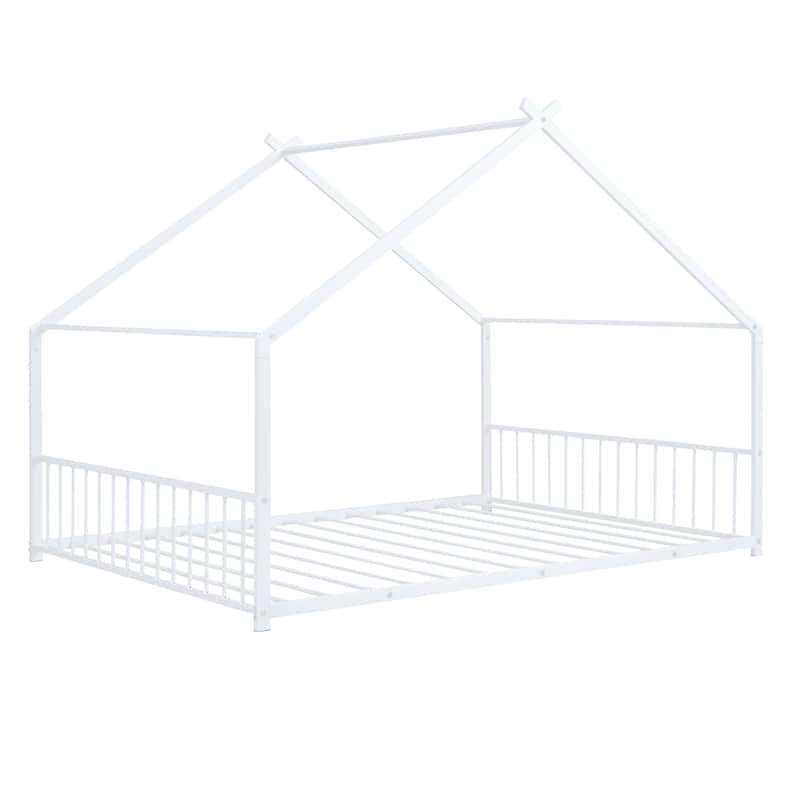 Metal House Bed with Roof, Fence, and Back