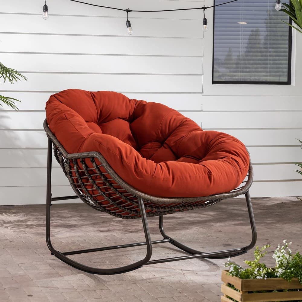 Outdoor Padded Cushion Rocking Chair, Patio Oversized Rattan Egg Chair