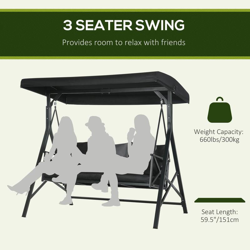 3-Seat Patio Swing, Cushion, Throw Pillows, Adjustable Canopy, Porch