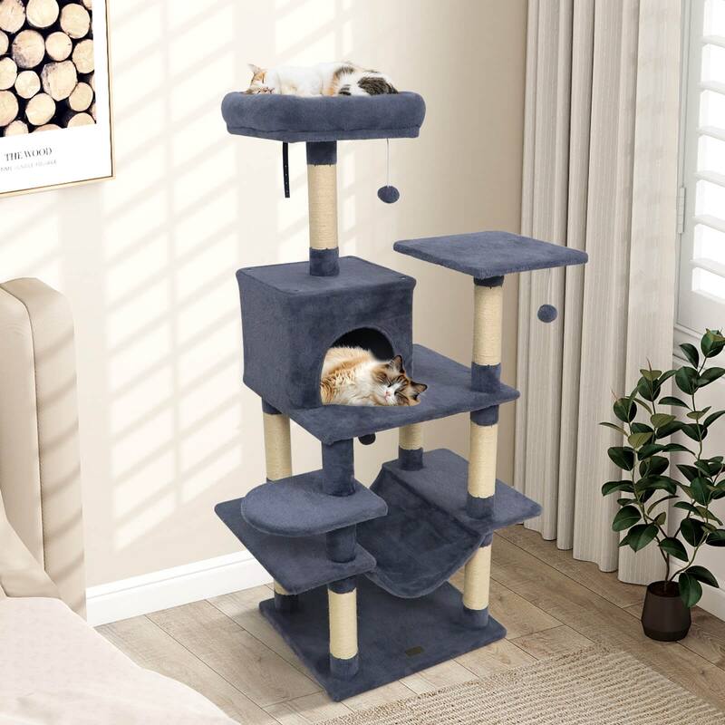 Costway 58” Tall Multi-level Cat Tree with Upholstered Perch & Cat - See Details - Dark Gray