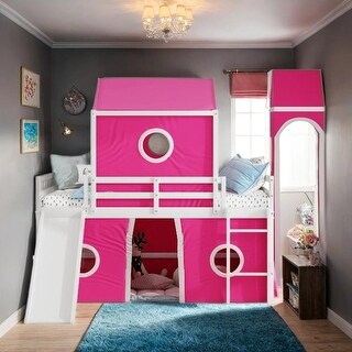 Impression Playhouse Inspired Bed, Full Size Loft Bed with Slide Pink Tent and Tower, Spacious Under Bed Space