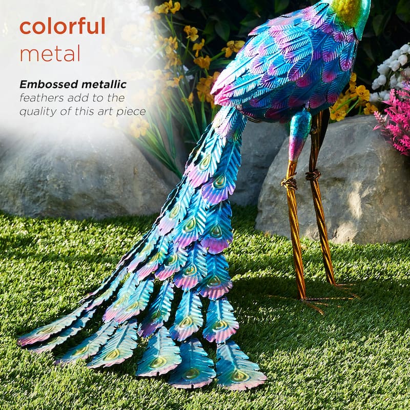 Alpine Corporation Tall Outdoor Metallic Peacock Standing Yard Statue Decoration, Multicolor