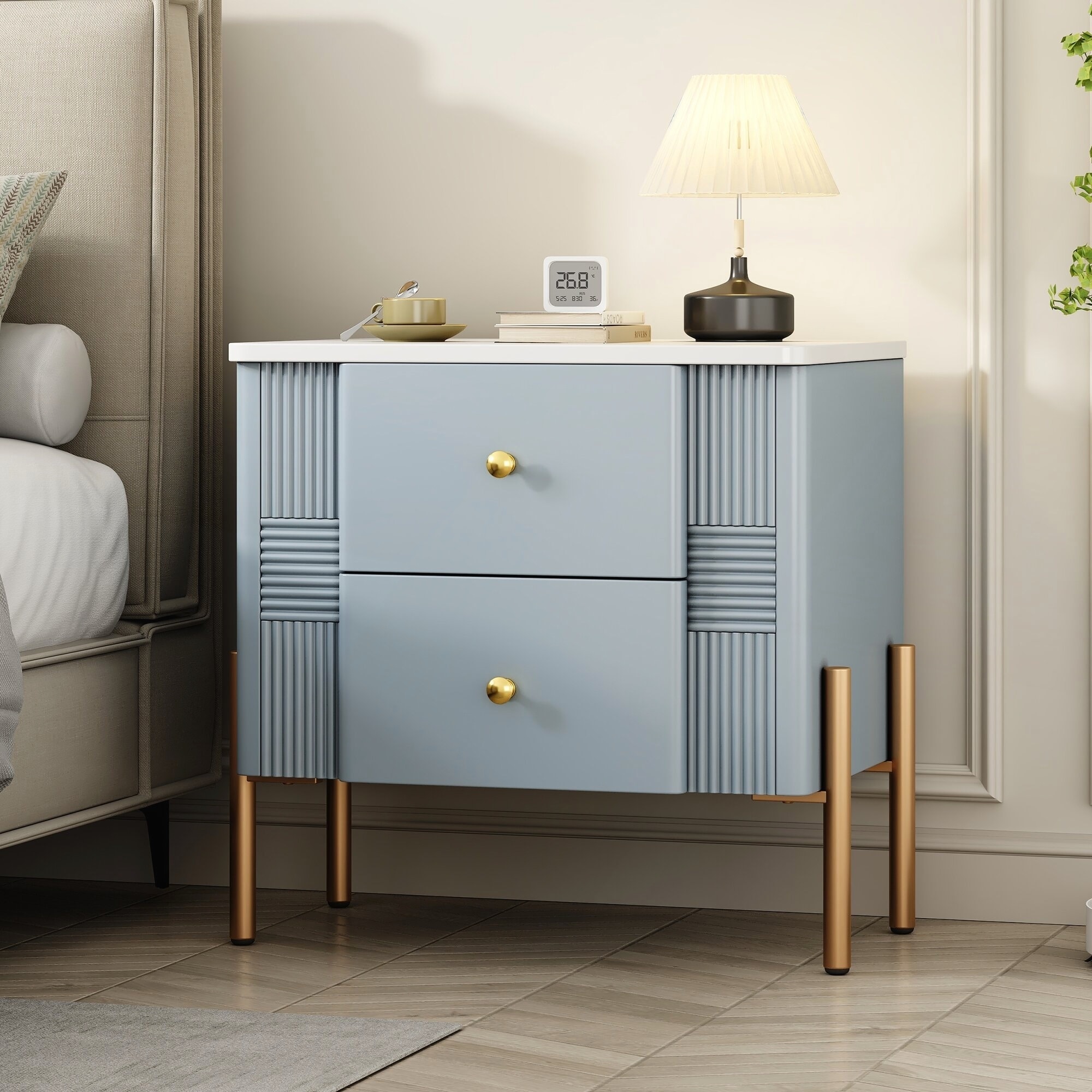 Modern Nightstand with 2 Storage Drawers,Golden Metal Handles and Legs for Living Room and Bedroom