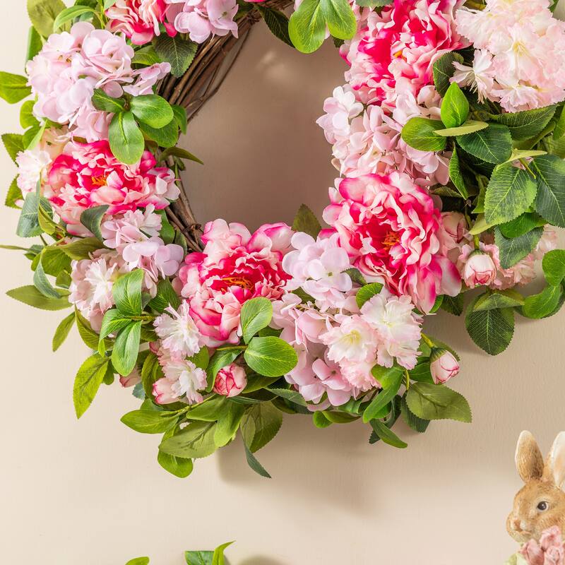 Glitzhome 24"D Artificial Floral Wreath with Peach Dahlia, Blue Peony & Hydrangea or Pink Hydrangea, Peony & Cherry