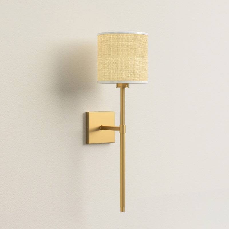 Luma Arm Sconce - Metal, Raffia & Natural Beige, Gold 1-Light Wall Sconce for Bedroom or Bathroom in Modern, Mid-Century Style