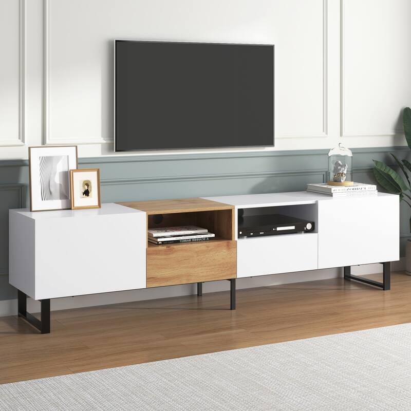 Sleek TV Stand with 2 Drawers & 2 Cabinets for 85" TVs, Entertainment Center with Drop-Down Door