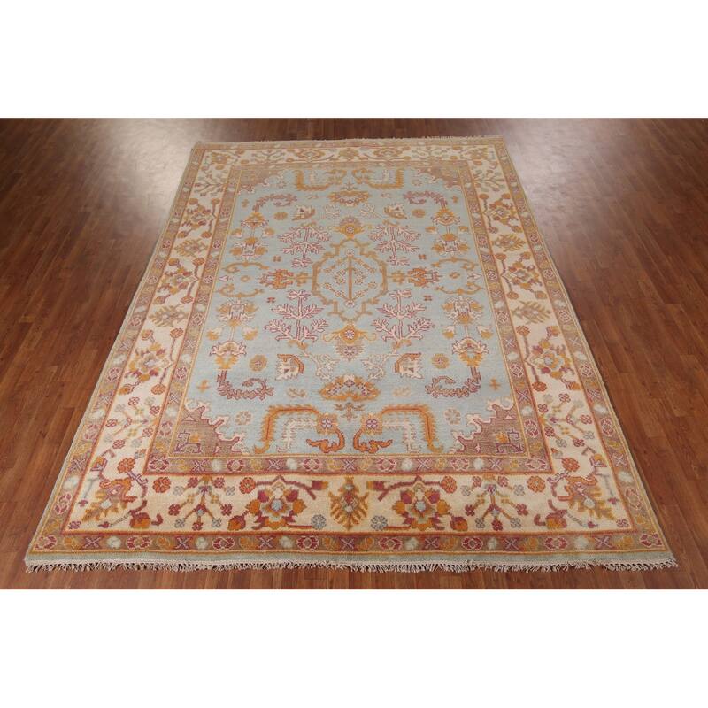 Light Blue Oushak Indian Area Rug Hand-Knotted Oriental Wool Carpet - 8'0"x 10'0"