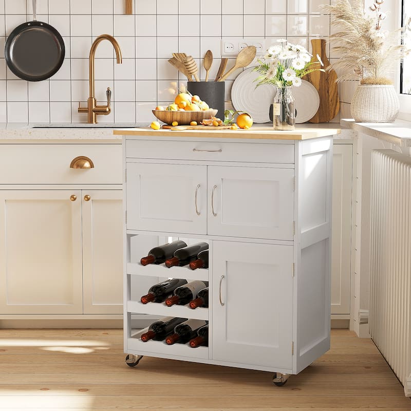 Bar cart Rolling Kitchen Island on Wheels with Wine Rack - White