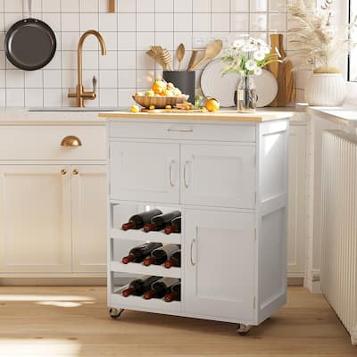 Kitchen Island on Wheels, Rolling Kitchen Cart with Drawer, 9-bottle Wine Rack, Storage Cabinets, Wooden Countertop