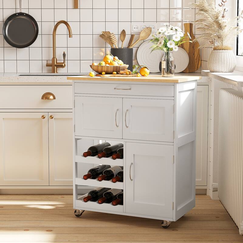 Removable Kitchen Island with Wine Bottle Rack, 9 Bottles Wine Bakers Rack, Coffee Bar Cabinet for Kitchen Home Bar - White