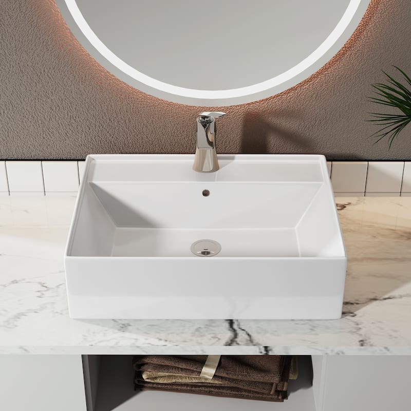 Sinber White Ceramic Countertop Bathroom Vanity Vessel Sink - 24" x 17" x 6.3"