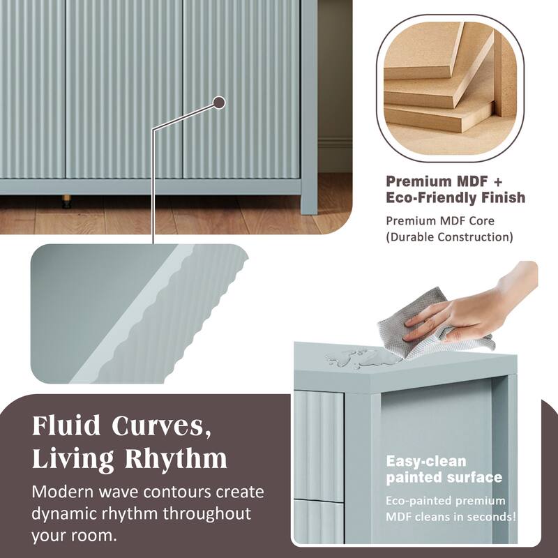 Roomfitters Sideboard Buffet Cabinet with 2 Drawers, 4 Door Mid-century Modern Fluted Storage for Kitchen & Dining Room, Cyan