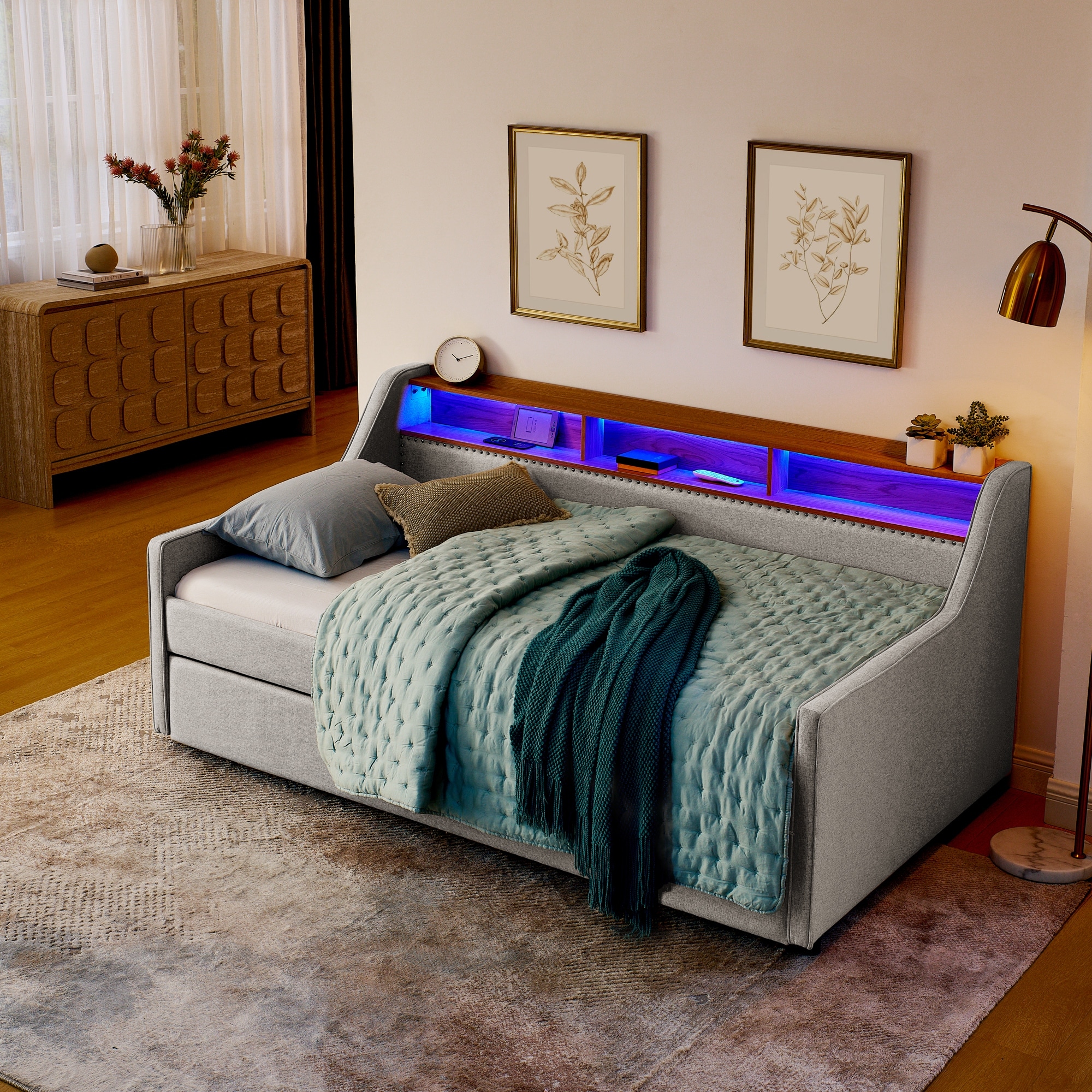 Roomfitters Twin Upholstered Daybed with LED Headboard Storage, Foldable-Leg Trundle & Wireless Charging