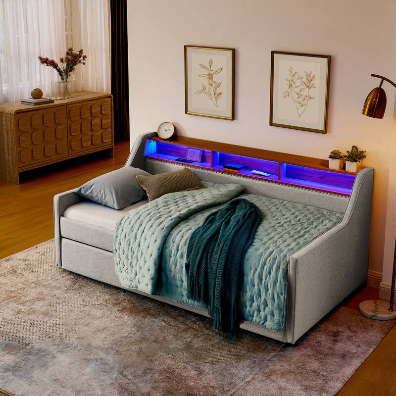 Roomfitters Twin Upholstered Daybed with LED Headboard Storage, Foldable-Leg Trundle & Wireless Charging - Beige - Twin