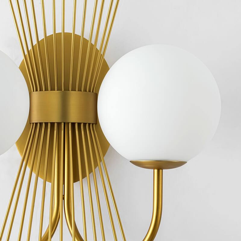 18.9" W 2-Light Mid-Century Modern Brushed Gold Sunburst Sputnik Wall Sconce with Milk Glass Globes