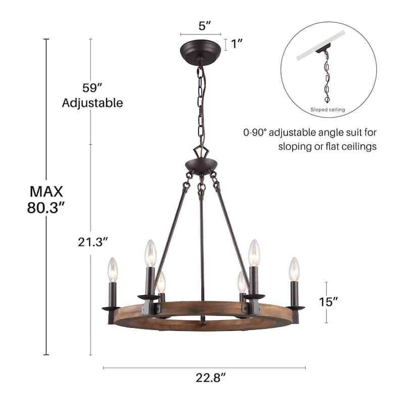 Modern Farmhouse 6-Light Wagon Wheel Chandelier Rustic Wood Kitchen Island Light for Dining Room