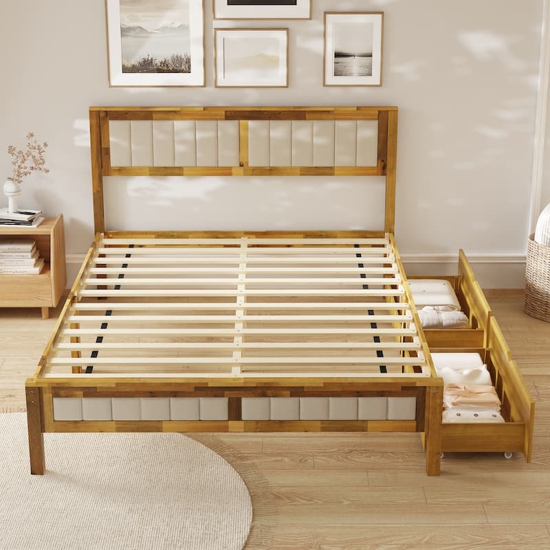 Queen Size Acacia Solid Wood Bed Fram Headboard/Drawer Platform Bed