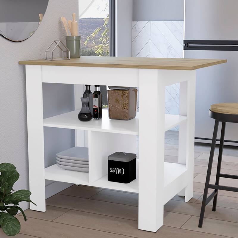 Modern Kitchen Island with 3 Shelves, 35" High, White/Macadamia, Large Workspace - Multicolor
