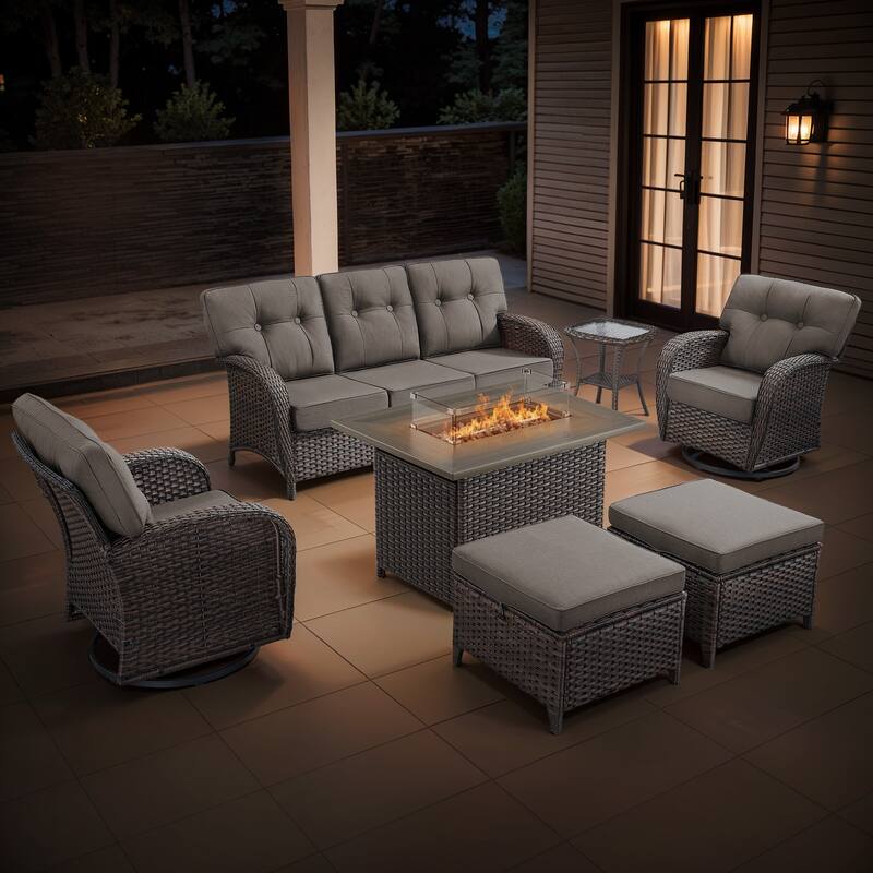 Gymojoy Outdoor Wicker Patio Furniture Sofa Set with 55,000 BTU Fire Pit Table, Swivel Chairs, Ottomans & Side Tables