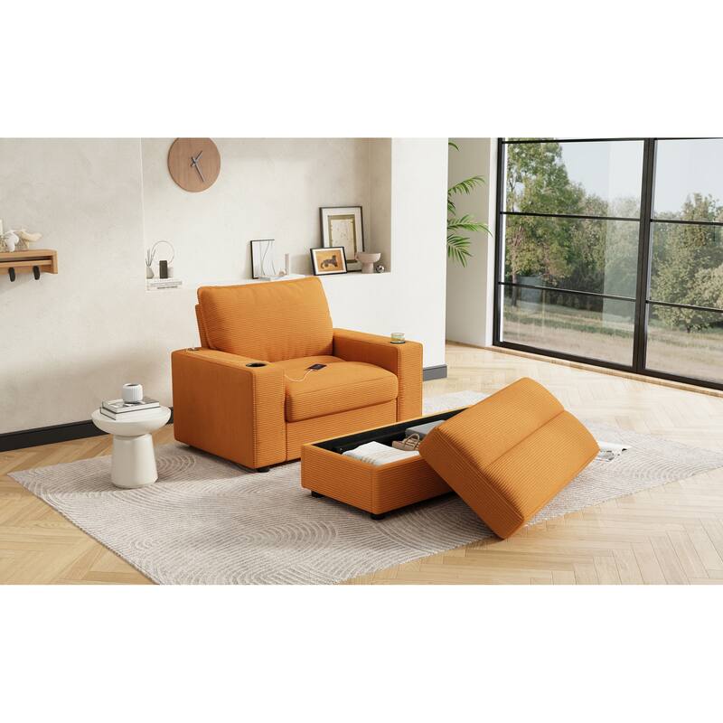 Roomfitters Oversized Chaise Lounge Chair with Storage Ottoman and Built-in USB Charging Port, Corduroy Sleeper Couch