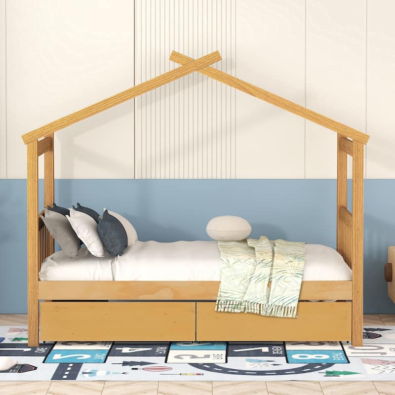 Twin Size Wooden House Bed with Drawers, 79.5"L x 41.5"W x 63.1"H, Natural