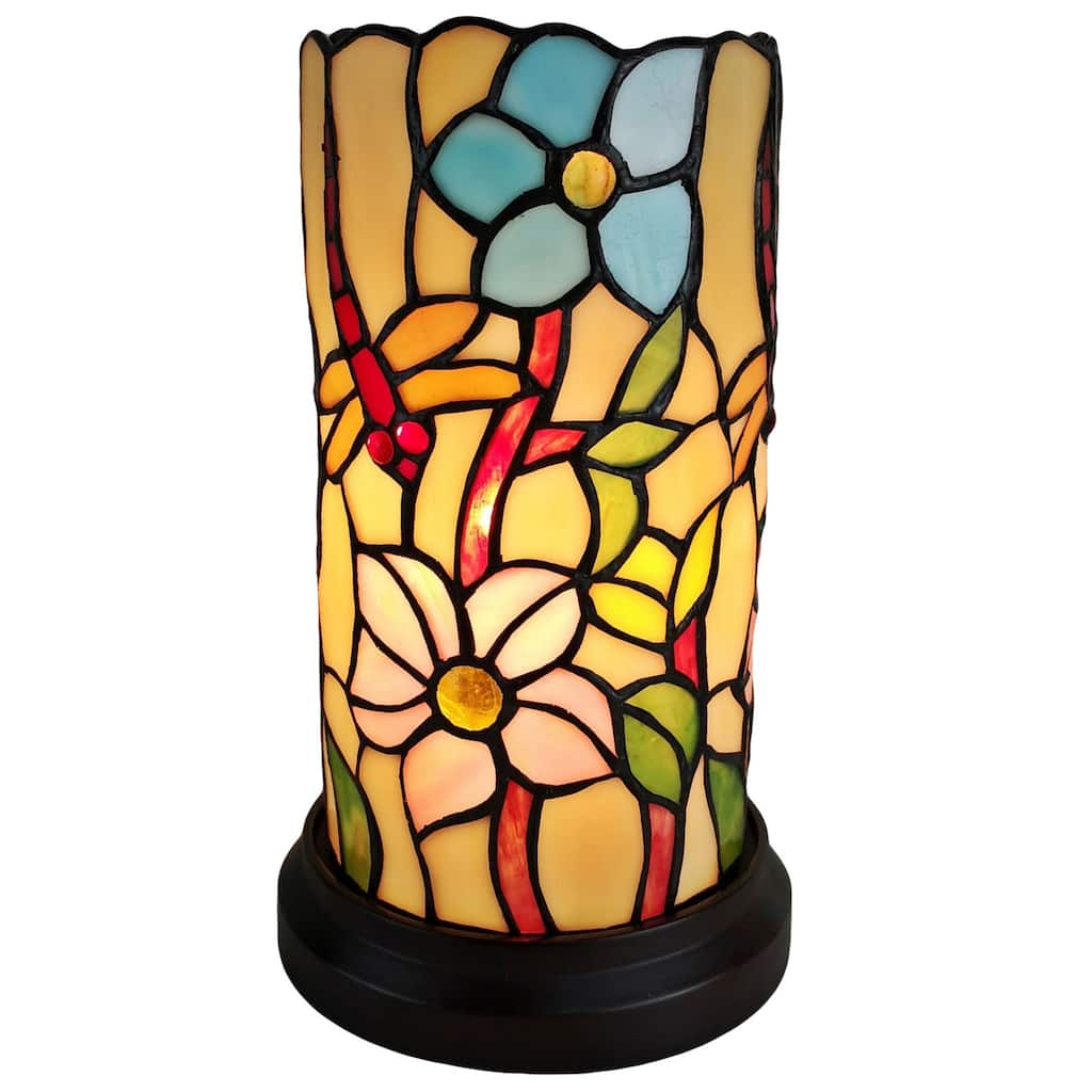 Tiffany Style Accent Lamp 10" Tall Stained Glass White Dragonfly Floral Living Room Bedroom Gift Amora Lighting