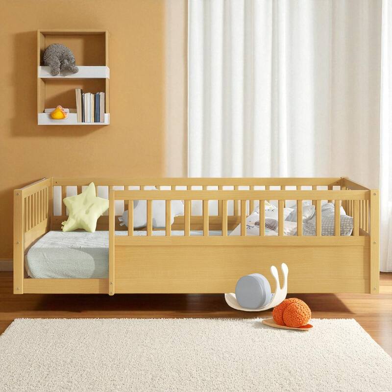 Twin/Full Montessori Floor Bed with High Fence & Open Door, Solid Pine, Playroom/Bedroom, No Box Spring