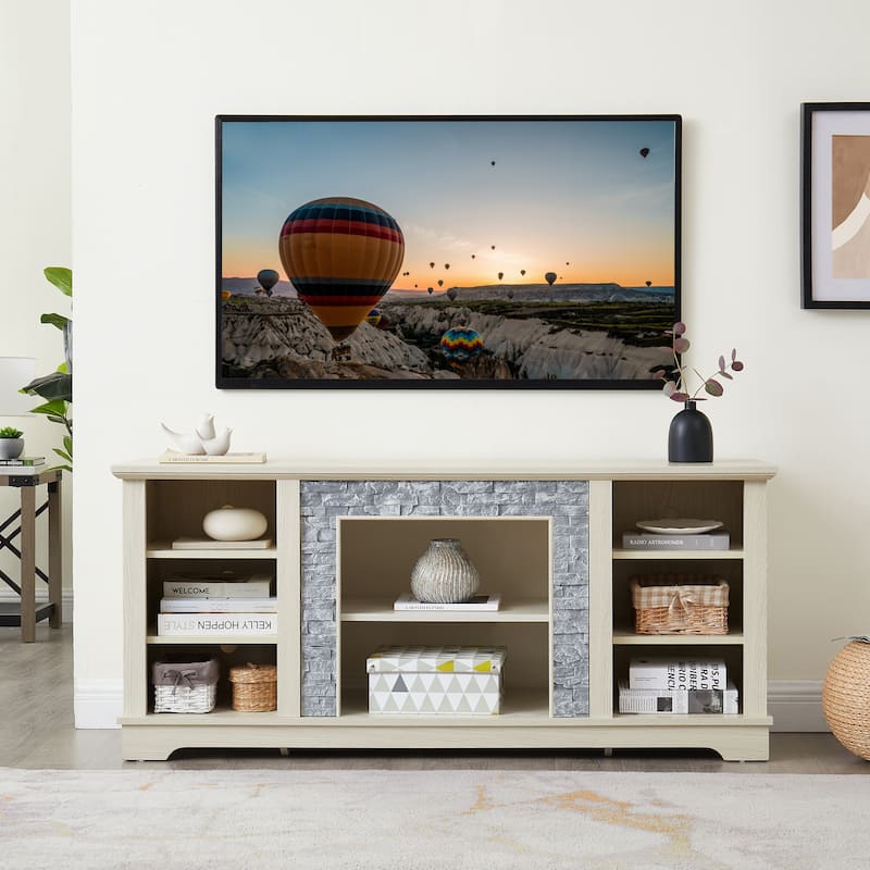 Classic White TV Stand with Faux Stacked Stone, Fits 65 TVs, 4 Adjustable Shelves, Cable Management
