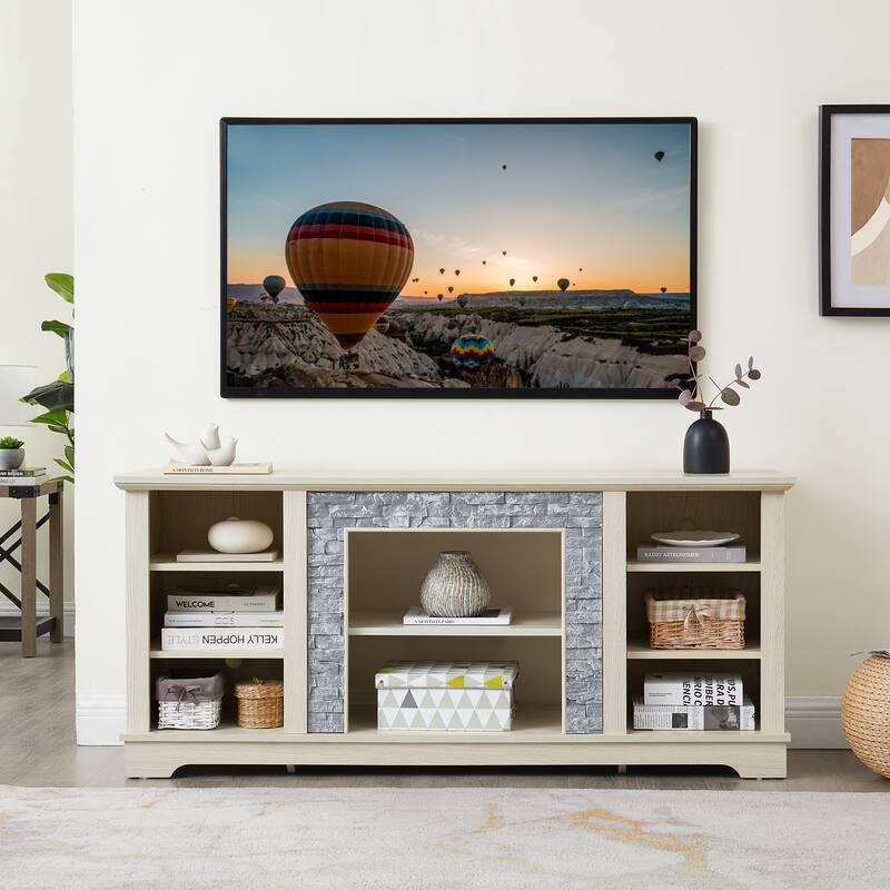Traditional Style TV Stand with Faux Stone Accent, 6 Storage Shelf and 2 Shelf for Family Living Room