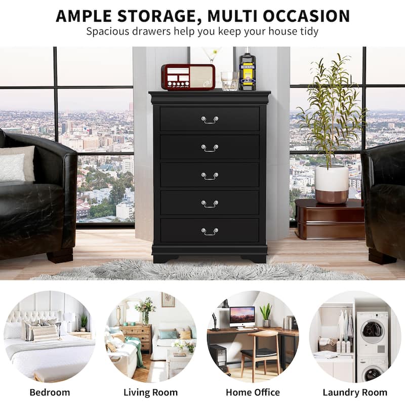 48" Tall Modern Black Solid Wood 5-drawer Storage Chest