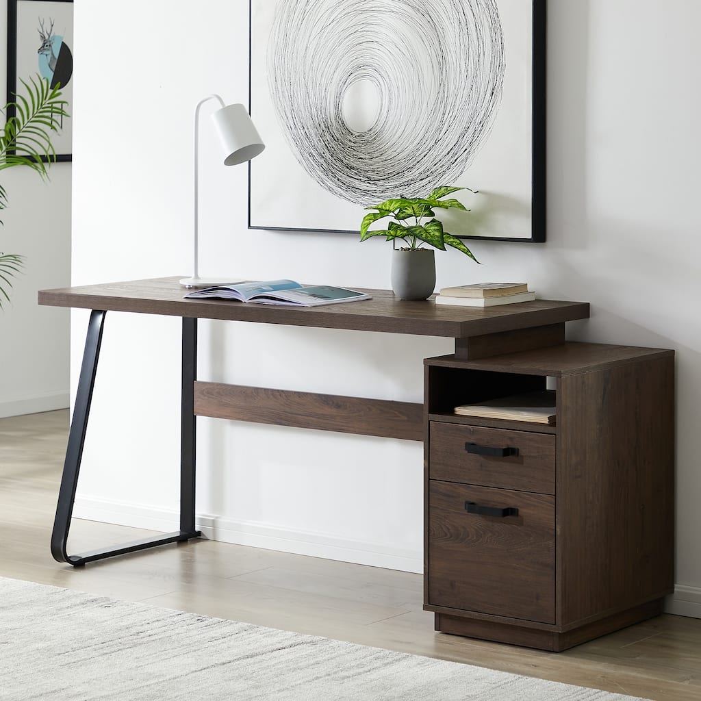 Roomfitters Home Office Desk with Drawers, 65" Writing Table with Hanging File Storage, Study Workstation, Walnut