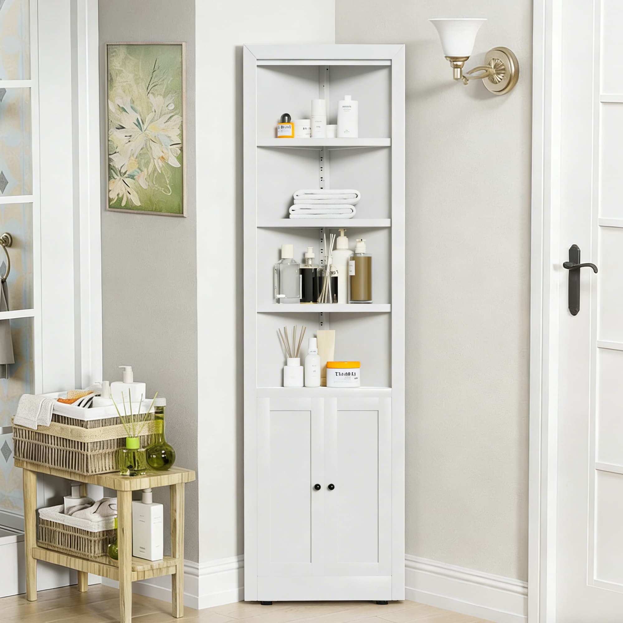 71" Tall Corner Storage Cabinet with 2 Doors, 5-Tier Cabinet with Adjustable Shelves, Freestanding Kitchen Storage for Pantry