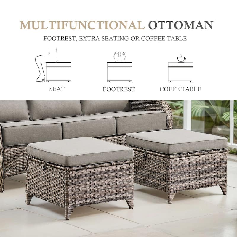Arcadia 3-Seat Wicker Patio Sofa with 6-Inch Thick Cushions and 2 Ottomans