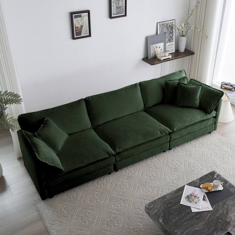 Green 6-Seater U-Shape Sectional Sofa with 3 Ottomans and Pillows