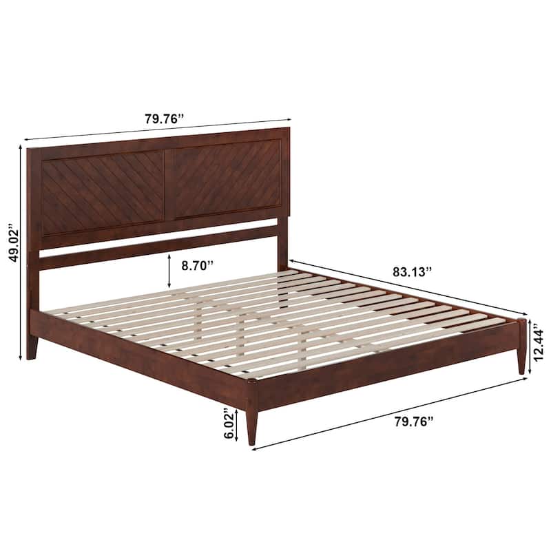 King Size Wood Platform Bed - Low Profile Solid Wood Bed Frame Walnut Finish