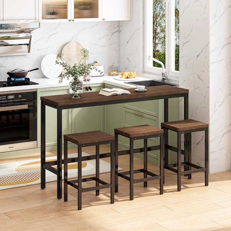 Long Dining Table Set with 3 Stools Pub Kitchen Set Side Table with Footrest