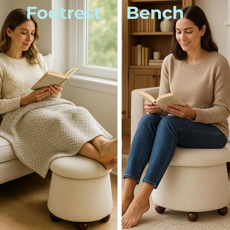 Modern Mushroom Round Ottoman with Storage and Plush Teddy Upholstery