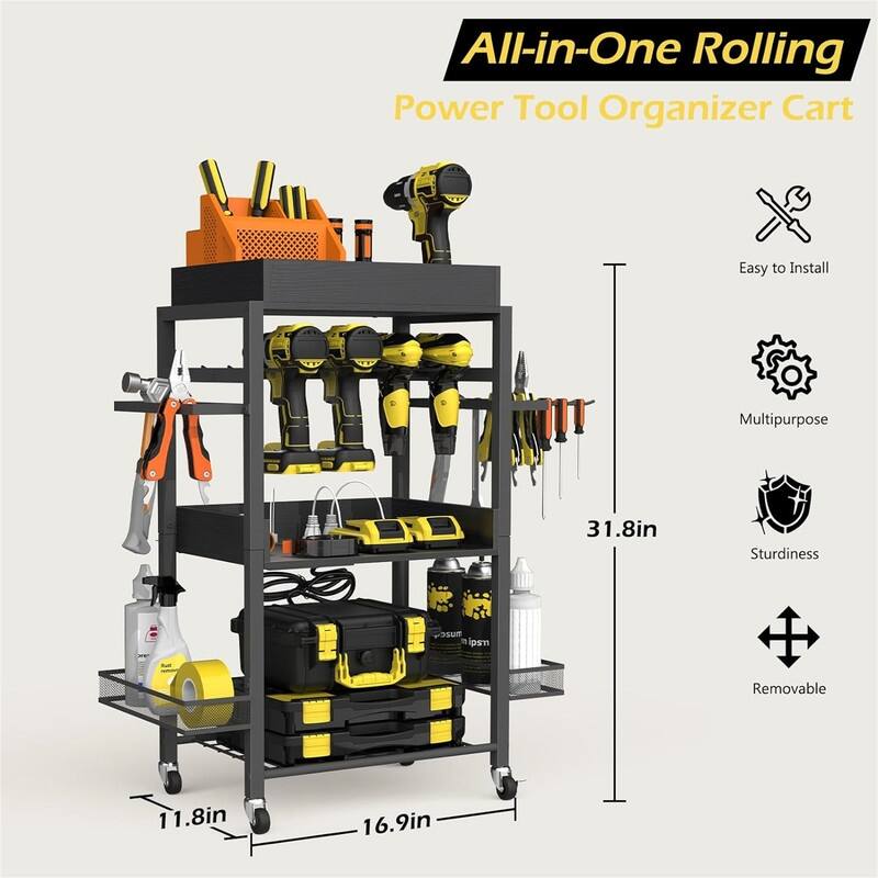 Power Tool Organizer Storage Cart with Charging Station and Wheels - 11.8"D x 16.5"W x 33.9"H