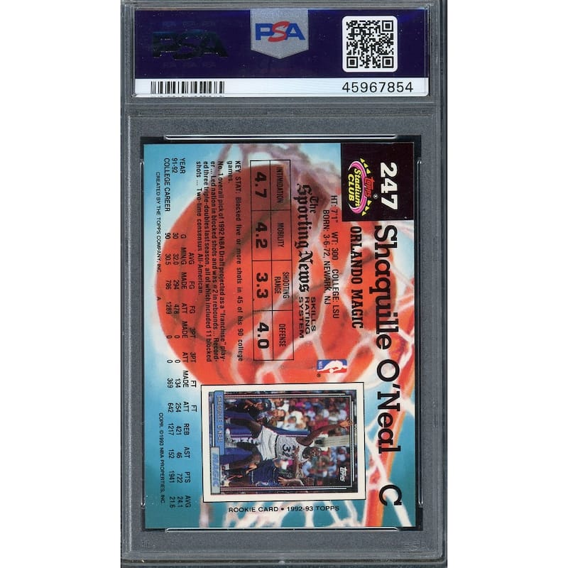 Shaquille O'Neal 1992 Topps Stadium Club Basketball Rookie Card RC #247 Graded PSA 9 - 8' x 11'